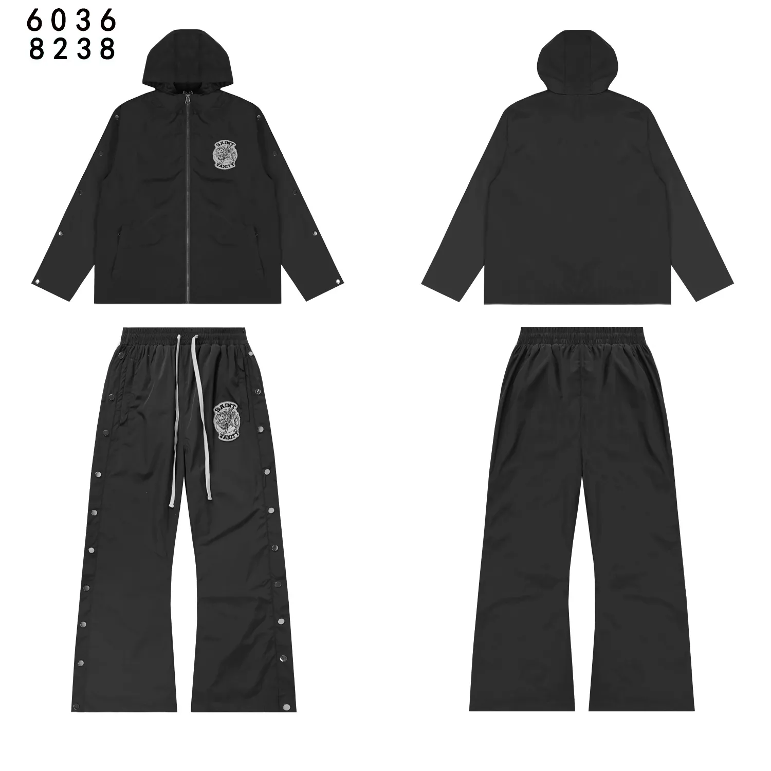 Style number: 6036 top P212 Style number: 8238 pants P184 Fabric: woven + lining Real stock SAINT VANITY embroidered breasted sports casual windbreaker jacket and trousers suit Color: Black Yellow Red Gray Size: S M L XL